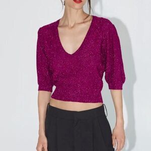 Zara Metallic Knit Italian Yarn Short Sleeve V-Neck Cropped Sweater
